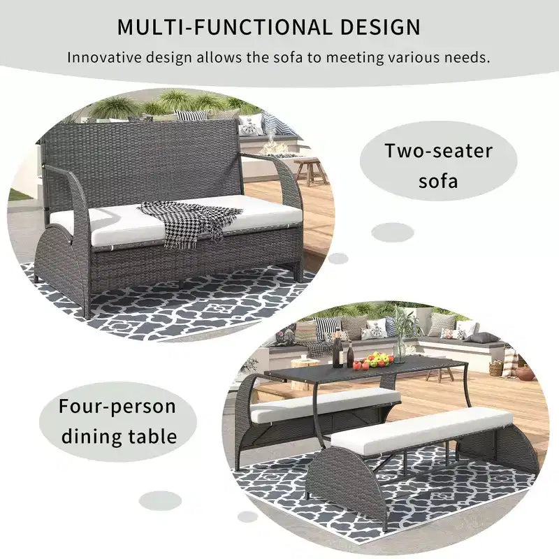 Sofá biplaza para patio exterior de ratán moderno, juego de conversación de 2 asientos, mesa de banco tapizado convertible para pícnic, mesa de pícnic portátil, sofá