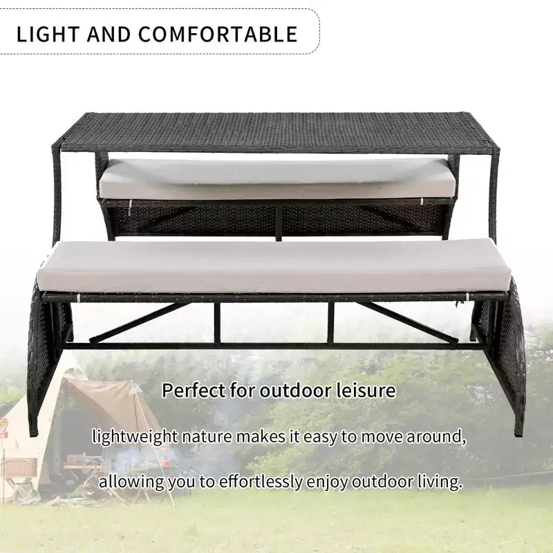 Sofá biplaza para patio exterior de ratán moderno, juego de conversación de 2 asientos, mesa de banco tapizado convertible para pícnic, mesa de pícnic portátil, sofá