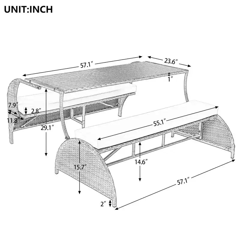 Sofá biplaza para patio exterior de ratán moderno, juego de conversación de 2 asientos, mesa de banco tapizado convertible para pícnic, mesa de pícnic portátil, sofá