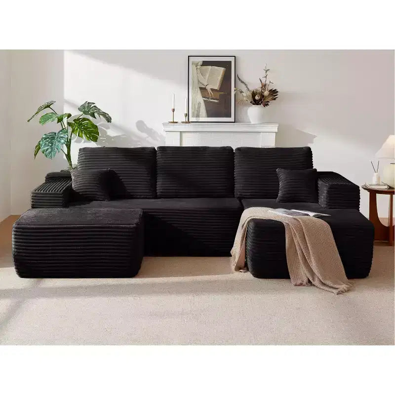 104Cloud Sectional Sofa,U-Shaped Chaise,Deep Seat,Side Pockets,Plush Fabric,No Assembly,Black,Right Facing