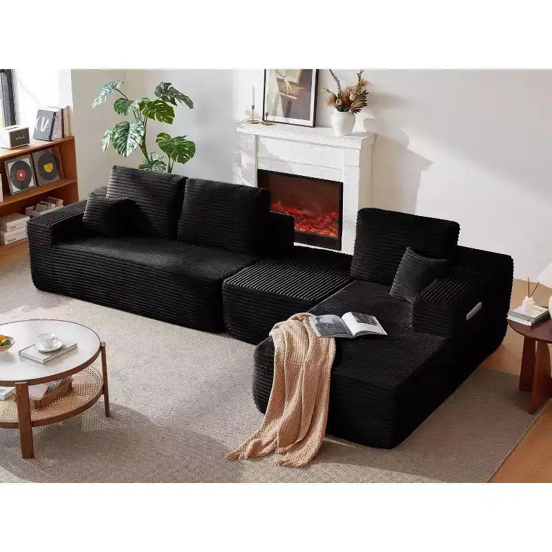 104Cloud Sectional Sofa,U-Shaped Chaise,Deep Seat,Side Pockets,Plush Fabric,No Assembly,Black,Right Facing