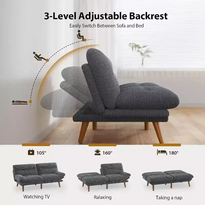 66 In Corduroy Futon Couch Convertible with Adjustable Backrest and Armrests, for Small Spaces Living Room, Apartment, Guest Room or Office, Grey