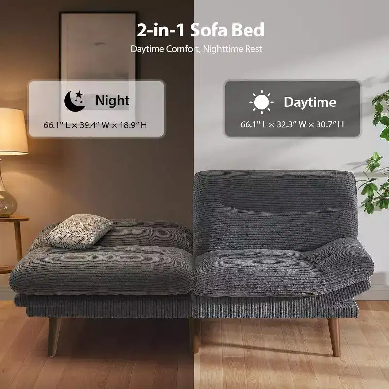 66 In Corduroy Futon Couch Convertible with Adjustable Backrest and Armrests, for Small Spaces Living Room, Apartment, Guest Room or Office, Grey