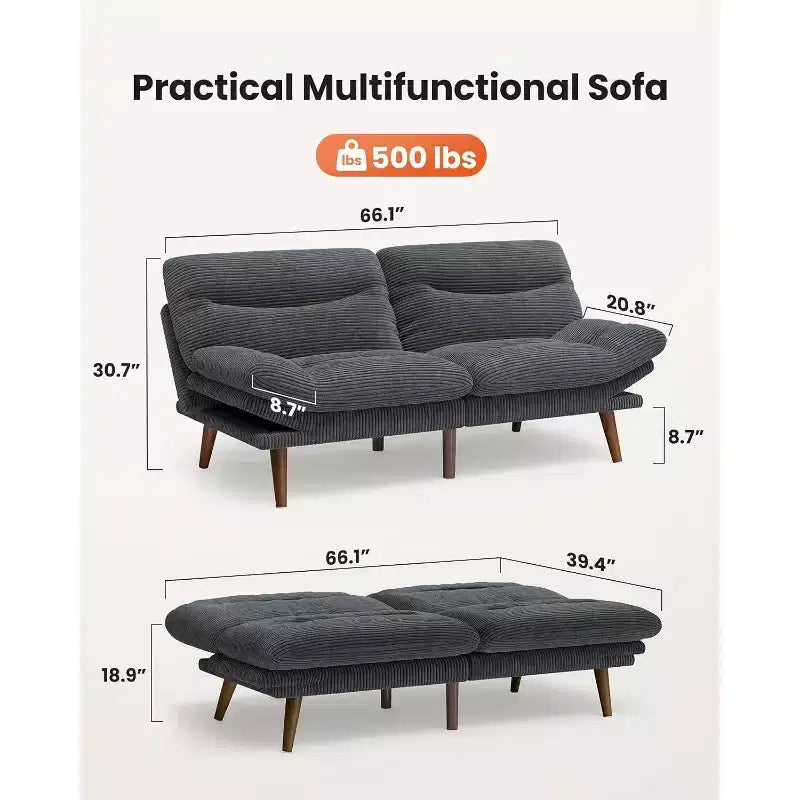 66 In Corduroy Futon Couch Convertible with Adjustable Backrest and Armrests, for Small Spaces Living Room, Apartment, Guest Room or Office, Grey