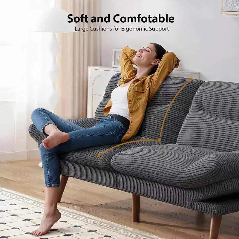 66 In Corduroy Futon Couch Convertible with Adjustable Backrest and Armrests, for Small Spaces Living Room, Apartment, Guest Room or Office, Grey