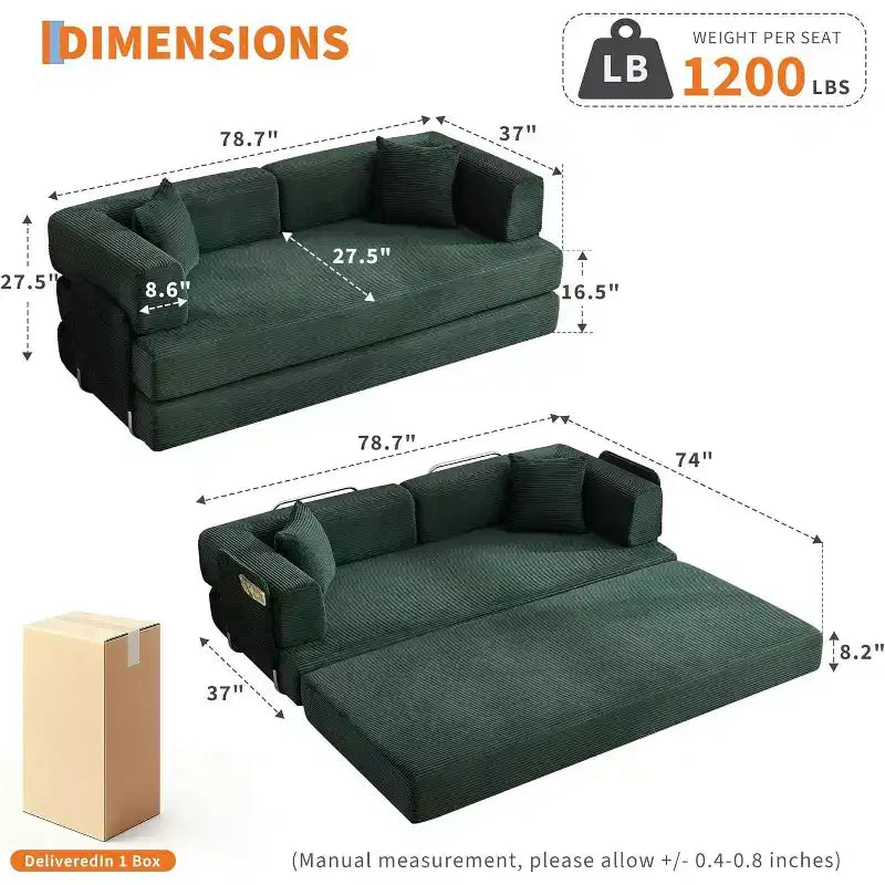 Convertible Sofa Bed, 5-in-1 Folding Sleeper Sofa with Fixed Frame & Removable Armrests, Corduroy Modular Futon sofa for Small Space