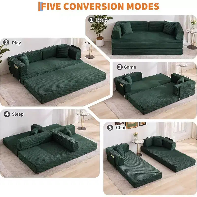 Convertible Sofa Bed, 5-in-1 Folding Sleeper Sofa with Fixed Frame & Removable Armrests, Corduroy Modular Futon sofa for Small Space