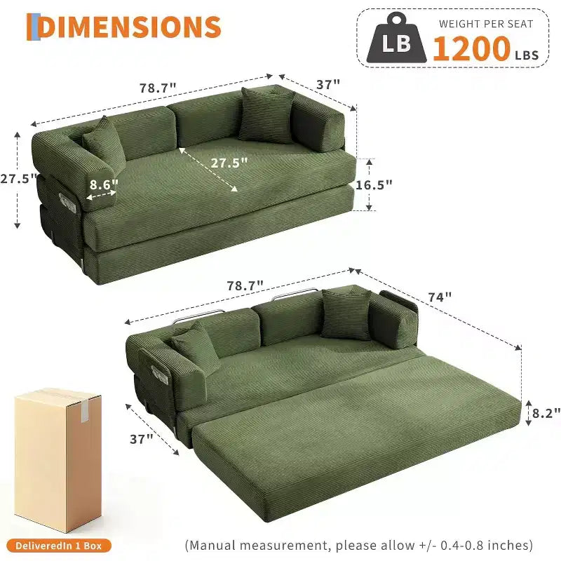 Convertible Sofa Bed, 5-in-1 Folding Sleeper Sofa with Fixed Frame & Removable Armrests, Corduroy Modular Futon sofa for Small Space