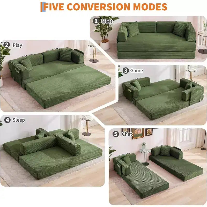 Convertible Sofa Bed, 5-in-1 Folding Sleeper Sofa with Fixed Frame & Removable Armrests, Corduroy Modular Futon sofa for Small Space