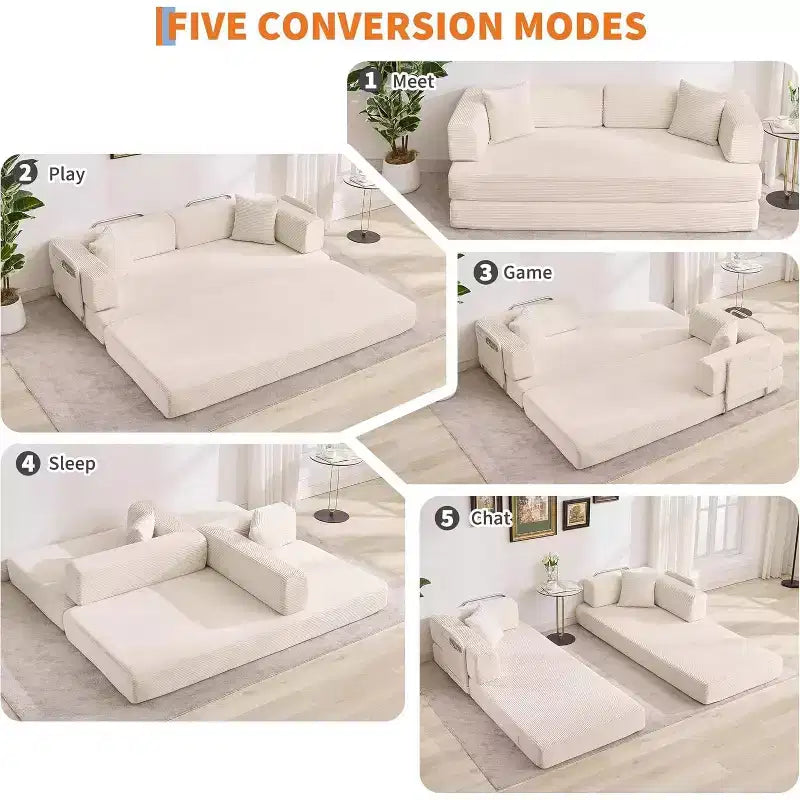 Convertible Sofa Bed, 5-in-1 Folding Sleeper Sofa with Fixed Frame & Removable Armrests, Corduroy Modular Futon sofa for Small Space