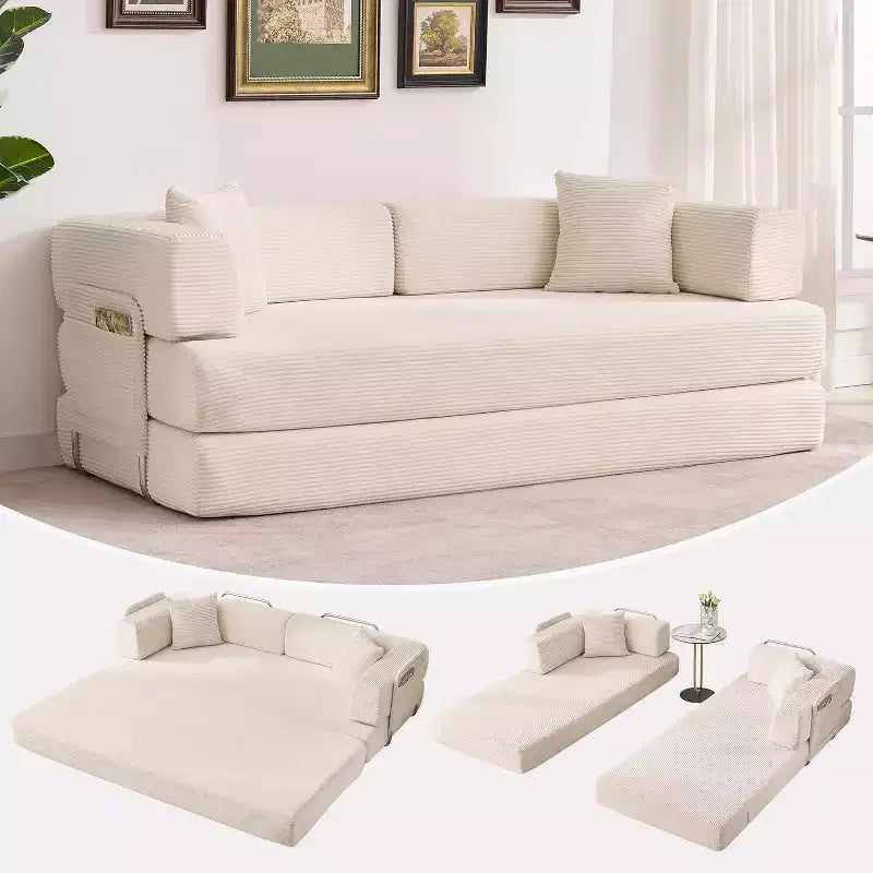 Convertible Sofa Bed, 5-in-1 Folding Sleeper Sofa with Fixed Frame & Removable Armrests, Corduroy Modular Futon sofa for Small Space