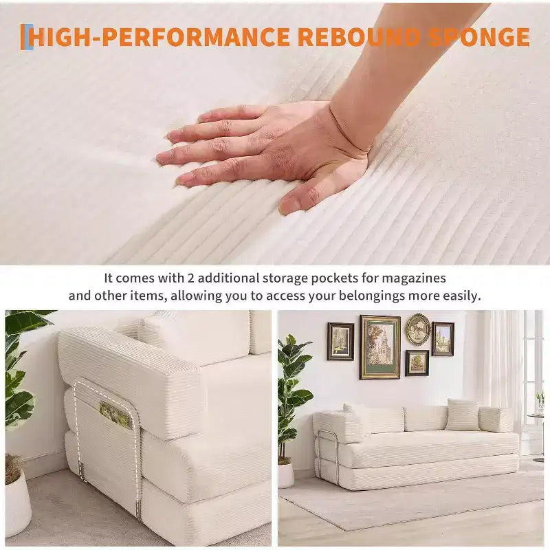 Convertible Sofa Bed, 5-in-1 Folding Sleeper Sofa with Fixed Frame & Removable Armrests, Corduroy Modular Futon sofa for Small Space