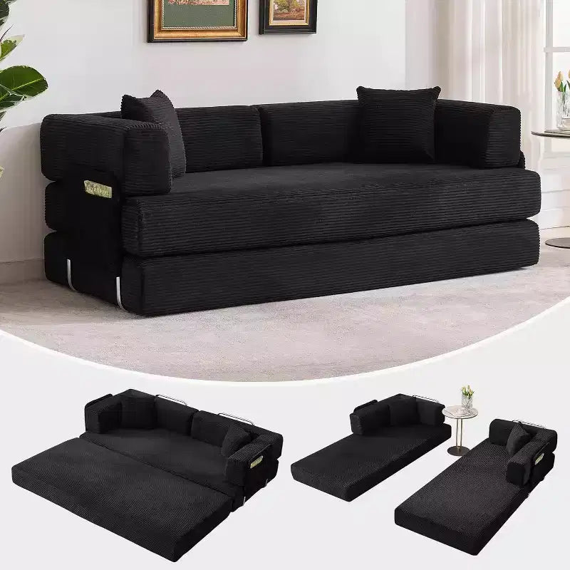 Sofá cama convertible, sofá cama plegable 5 en 1 con estructura fija y reposabrazos extraíbles, sofá futón modular de pana para espacios pequeños
