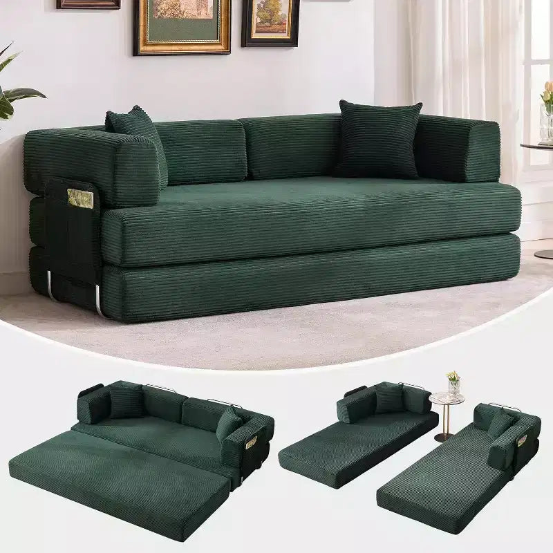 Sofá cama convertible, sofá cama plegable 5 en 1 con estructura fija y reposabrazos extraíbles, sofá futón modular de pana para espacios pequeños