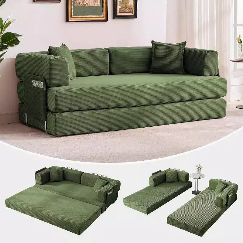 Sofá cama convertible, sofá cama plegable 5 en 1 con estructura fija y reposabrazos extraíbles, sofá futón modular de pana para espacios pequeños