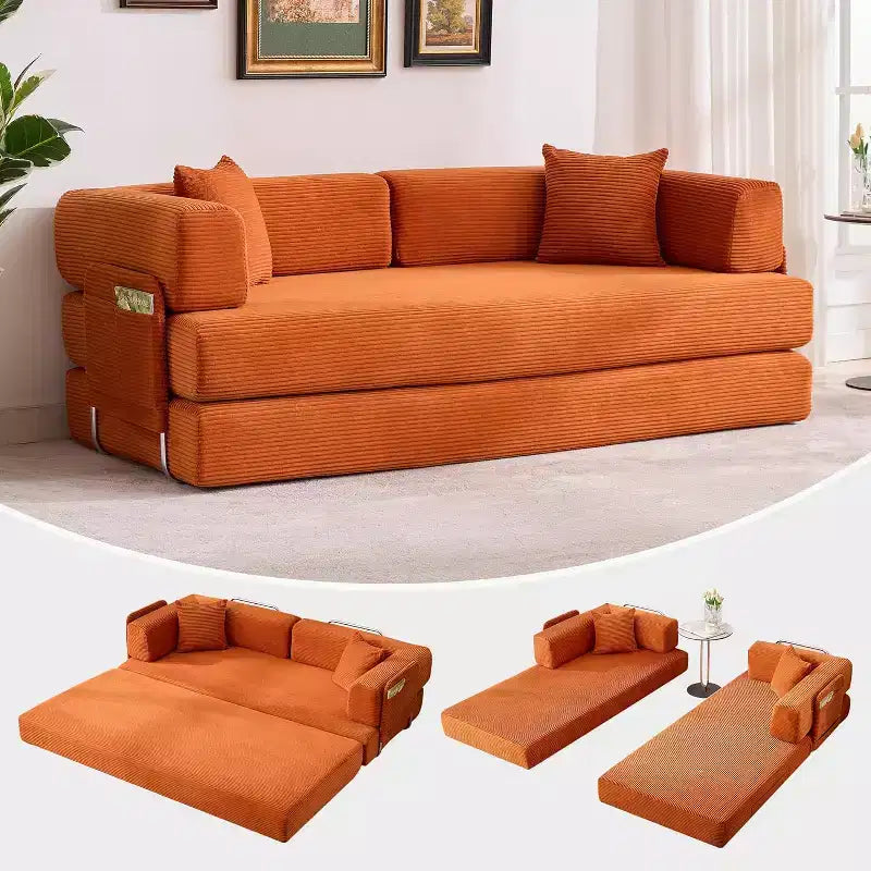 Sofá cama convertible, sofá cama plegable 5 en 1 con estructura fija y reposabrazos extraíbles, sofá futón modular de pana para espacios pequeños