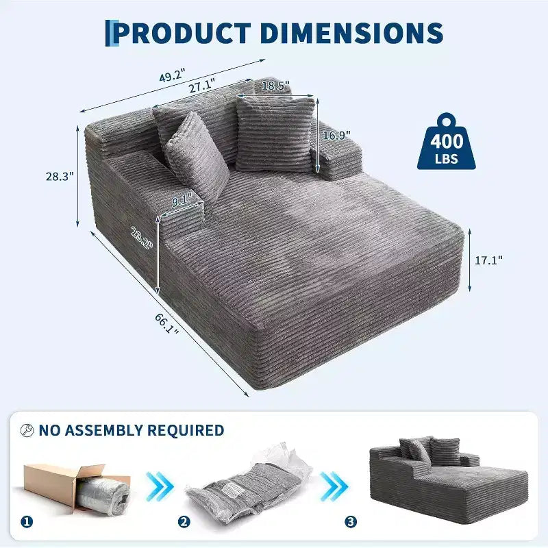67x50x29 Cloud-Like Boneless Sofa Chair, Oversized Corduroy Chaise Lounge with Deep Seat, Sleeper Couch, for Living Room and Bedroom