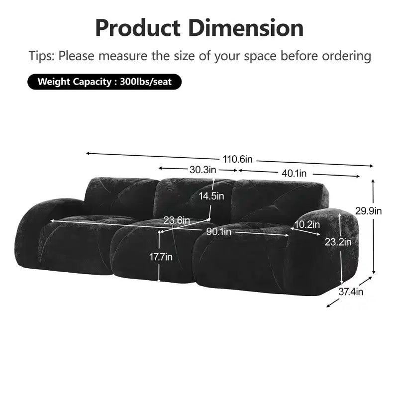Clihome 110Boneless Sofa With Tufted,Soft Velvet Fabric,Modular Sectional Sofa,32D High Density Sponge,Anti-Slip Design,Ergonomic Design Bottom