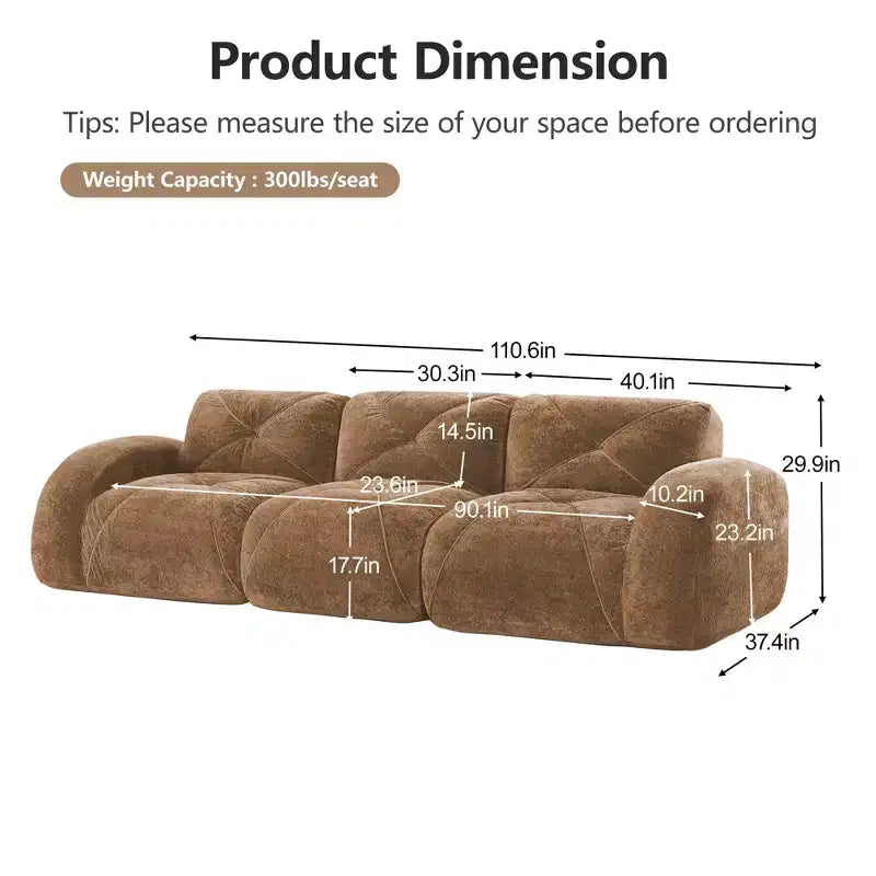 Clihome 110Boneless Sofa With Tufted,Soft Velvet Fabric,Modular Sectional Sofa,32D High Density Sponge,Anti-Slip Design,Ergonomic Design Bottom
