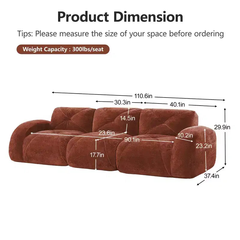 Clihome 110Boneless Sofa With Tufted,Soft Velvet Fabric,Modular Sectional Sofa,32D High Density Sponge,Anti-Slip Design,Ergonomic Design Bottom