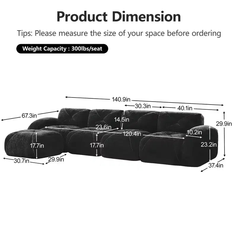 Clihome L-shaped Soft Velvet Fabric,32D High Density Sponge Bottom,Ergonomic Design Bottom,Anti-Slip Design,Free Combination,Movable Ottoman
