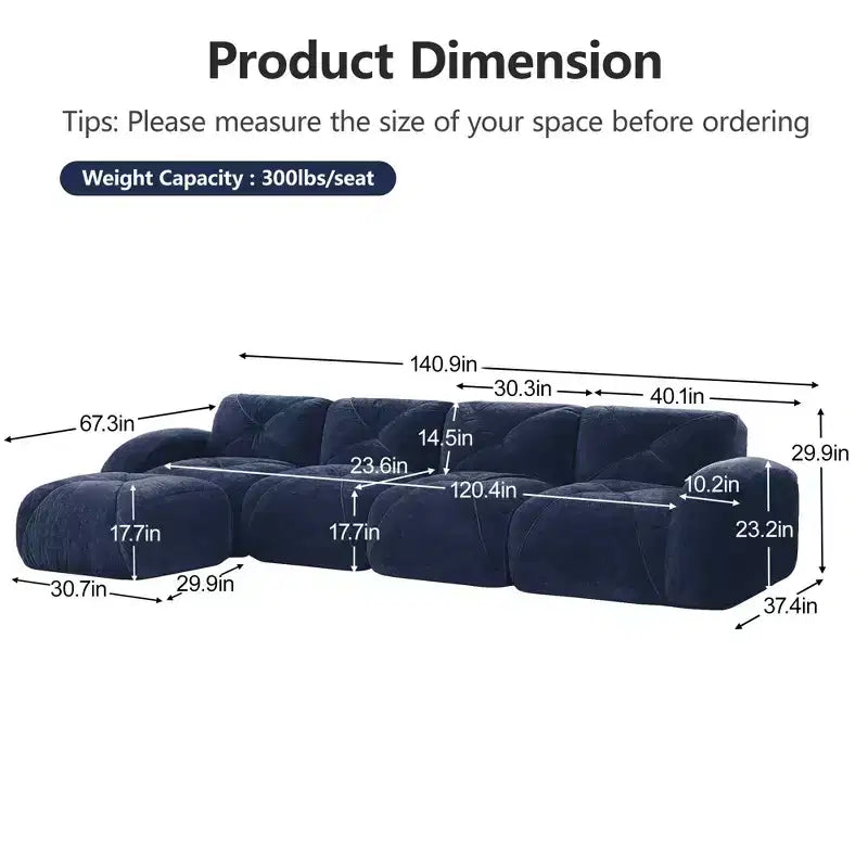 Clihome L-shaped Soft Velvet Fabric,32D High Density Sponge Bottom,Ergonomic Design Bottom,Anti-Slip Design,Free Combination,Movable Ottoman