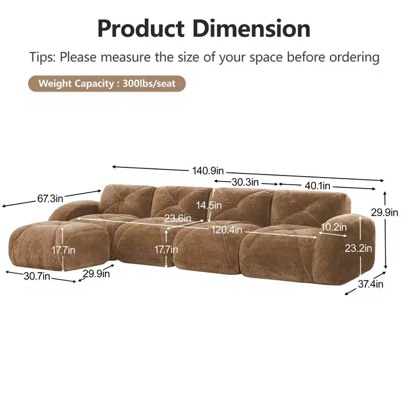 Clihome L-shaped Soft Velvet Fabric,32D High Density Sponge Bottom,Ergonomic Design Bottom,Anti-Slip Design,Free Combination,Movable Ottoman