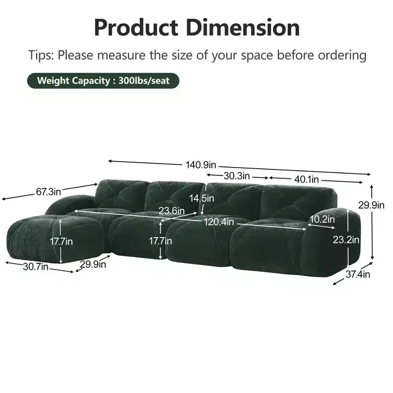 Clihome L-shaped Soft Velvet Fabric,32D High Density Sponge Bottom,Ergonomic Design Bottom,Anti-Slip Design,Free Combination,Movable Ottoman