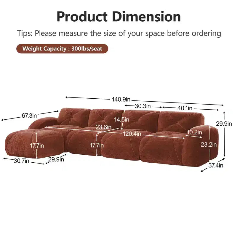 Clihome L-shaped Soft Velvet Fabric,32D High Density Sponge Bottom,Ergonomic Design Bottom,Anti-Slip Design,Free Combination,Movable Ottoman