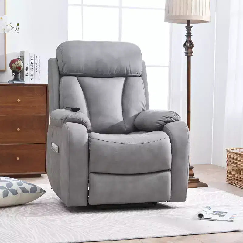 Large Power Lift Recliner Chair, Grey Faux Leather Motorized Massage Recliner with Pillow & Side Pockets, for Elderly, Living Room
