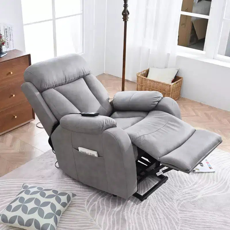 Large Power Lift Recliner Chair, Grey Faux Leather Motorized Massage Recliner with Pillow & Side Pockets, for Elderly, Living Room