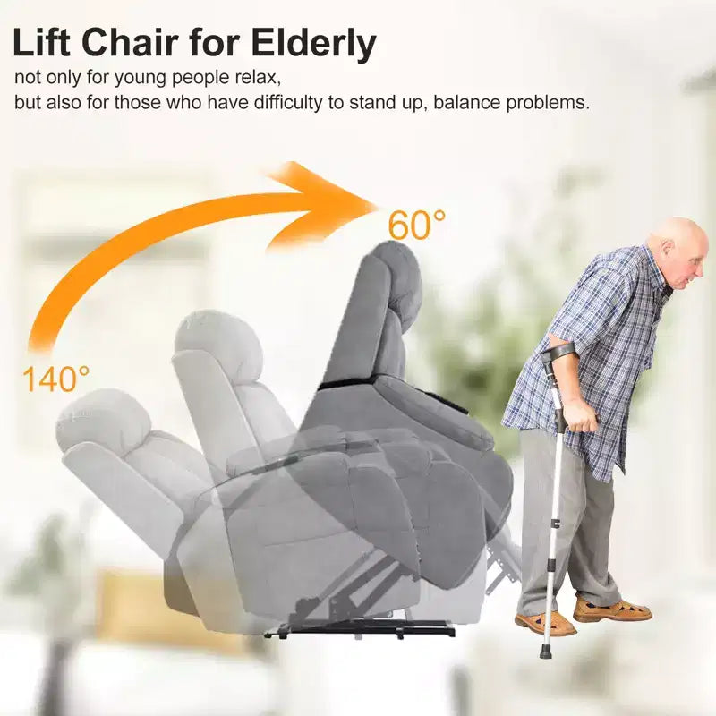 Large Power Lift Recliner Chair, Grey Faux Leather Motorized Massage Recliner with Pillow & Side Pockets, for Elderly, Living Room