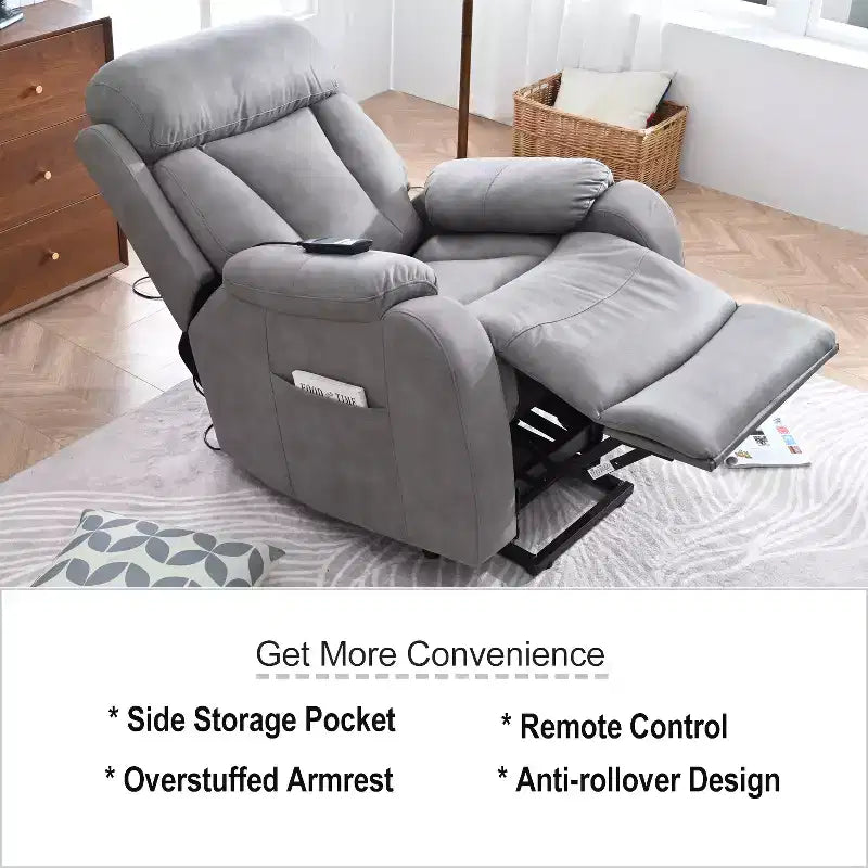 Large Power Lift Recliner Chair, Grey Faux Leather Motorized Massage Recliner with Pillow & Side Pockets, for Elderly, Living Room