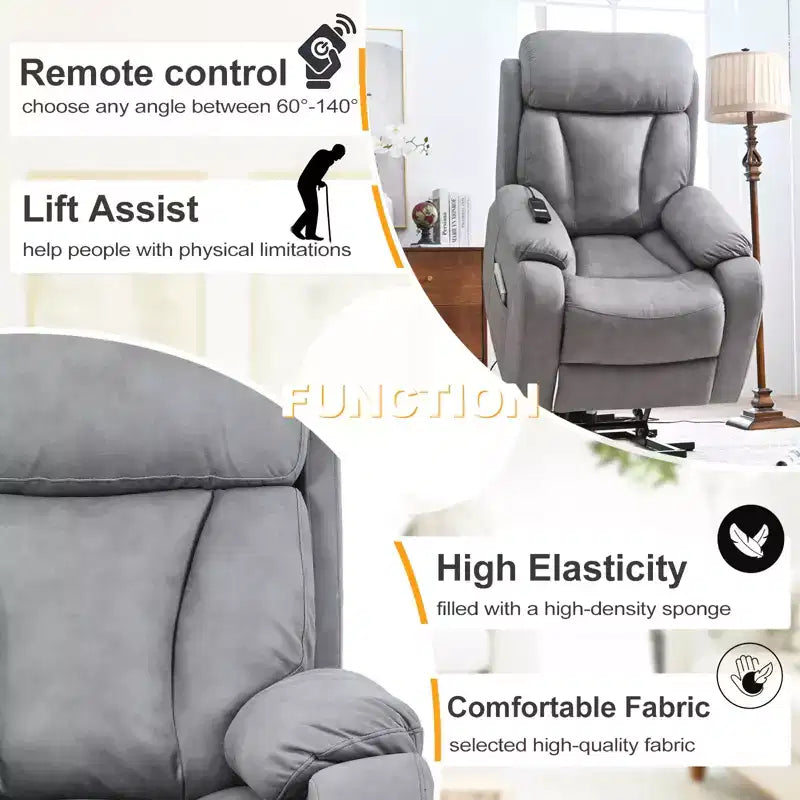 Large Power Lift Recliner Chair, Grey Faux Leather Motorized Massage Recliner with Pillow & Side Pockets, for Elderly, Living Room