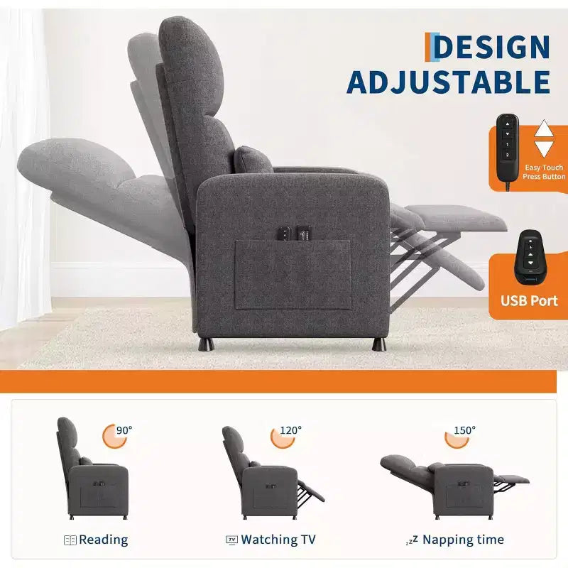Acekool Power Recliner Chair for Adults, Electric Adjustable Ergonomic Single Sofa, Overstuffed Rocker with Side Pockets and USB Charging Port