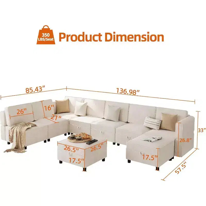Acekool 9-Seat Modular L-Shaped Sectional Sofa, with Storage Ottoman, Convertible Sleeper, for Living Room, Bedroom, Beige
