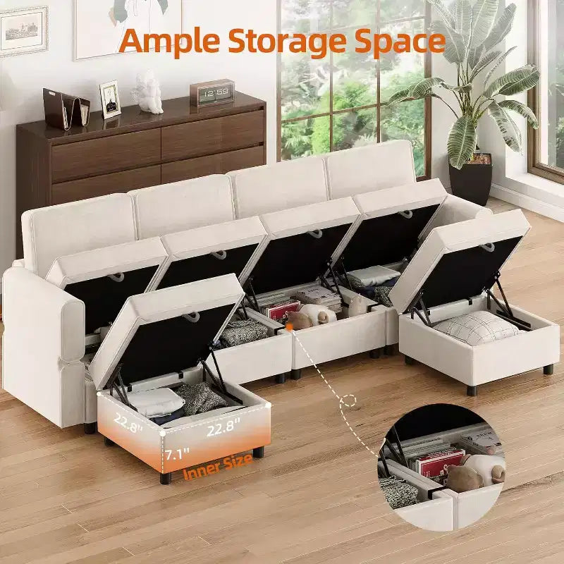 Acekool 9-Seat Modular L-Shaped Sectional Sofa, with Storage Ottoman, Convertible Sleeper, for Living Room, Bedroom, Beige