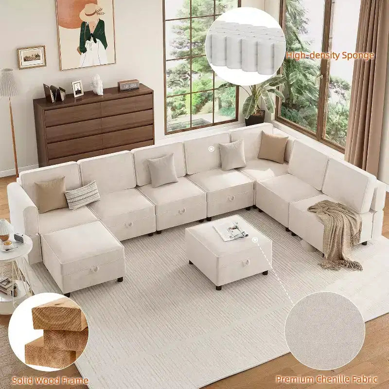 Acekool 9-Seat Modular L-Shaped Sectional Sofa, with Storage Ottoman, Convertible Sleeper, for Living Room, Bedroom, Beige