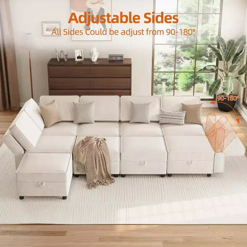 Acekool 9-Seat Modular L-Shaped Sectional Sofa, with Storage Ottoman, Convertible Sleeper, for Living Room, Bedroom, Beige