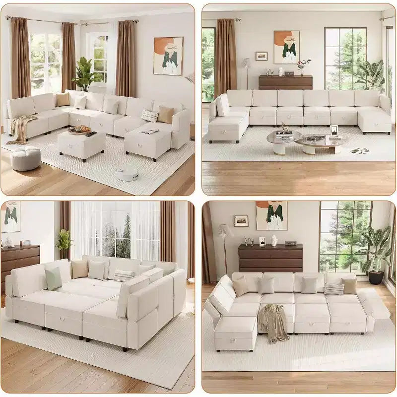 Acekool 9-Seat Modular L-Shaped Sectional Sofa, with Storage Ottoman, Convertible Sleeper, for Living Room, Bedroom, Beige