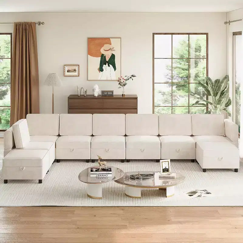 Acekool 9-Seat Modular L-Shaped Sectional Sofa, with Storage Ottoman, Convertible Sleeper, for Living Room, Bedroom, Beige
