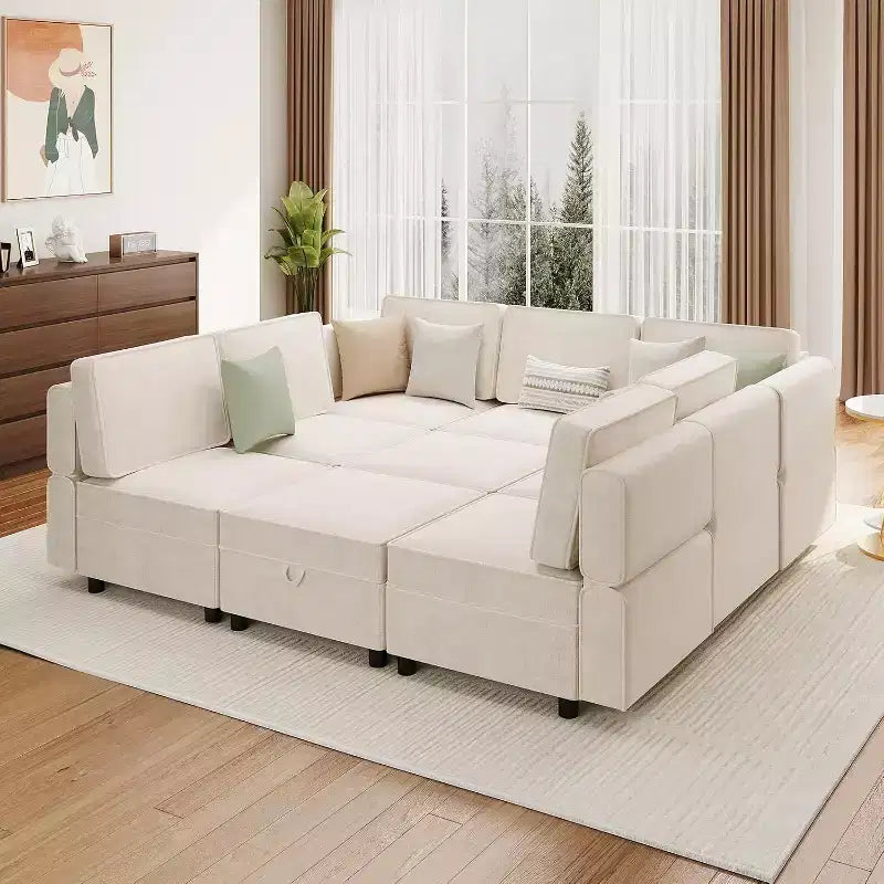 Acekool 9-Seat Modular L-Shaped Sectional Sofa, with Storage Ottoman, Convertible Sleeper, for Living Room, Bedroom, Beige