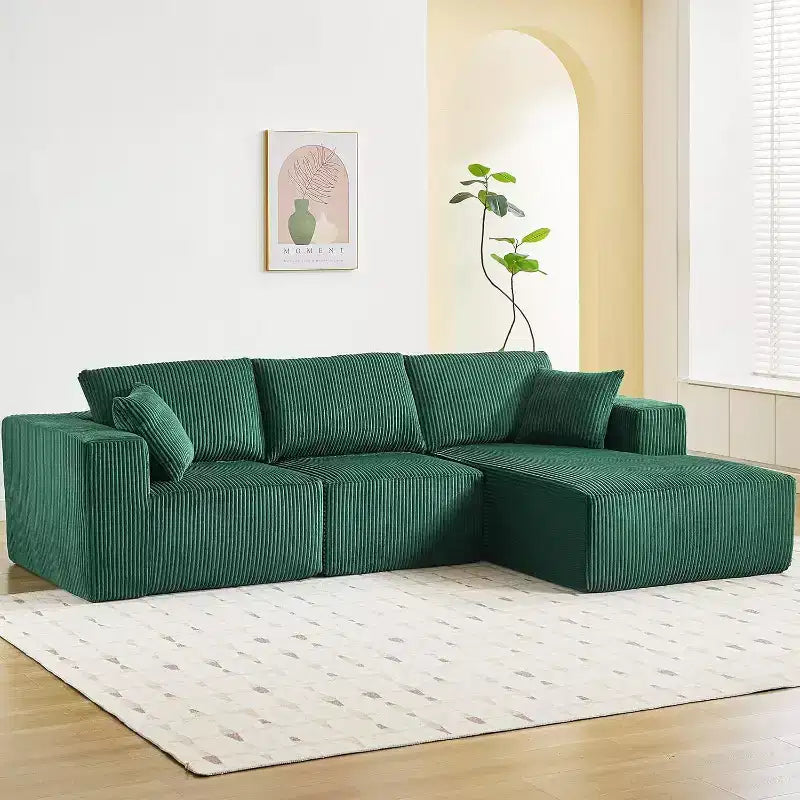 Acekool L Shape Sectional Couch, 108 Cloud Modular Sofa, Corduroy, Deep Seat, No Assembly, for Living Room, Emerald Green, Right-Facing