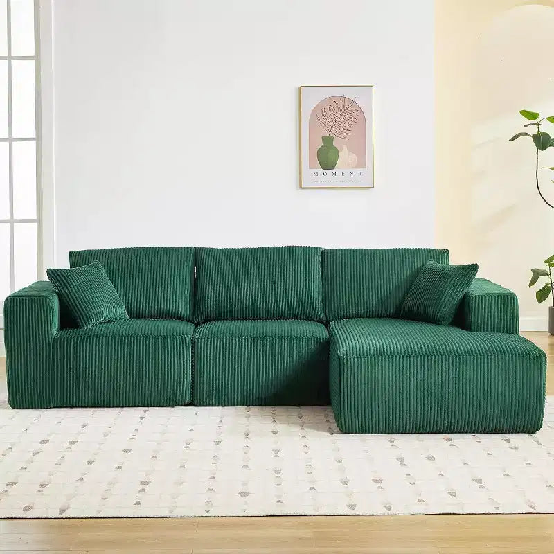 Acekool L Shape Sectional Couch, 108 Cloud Modular Sofa, Corduroy, Deep Seat, No Assembly, for Living Room, Emerald Green, Right-Facing