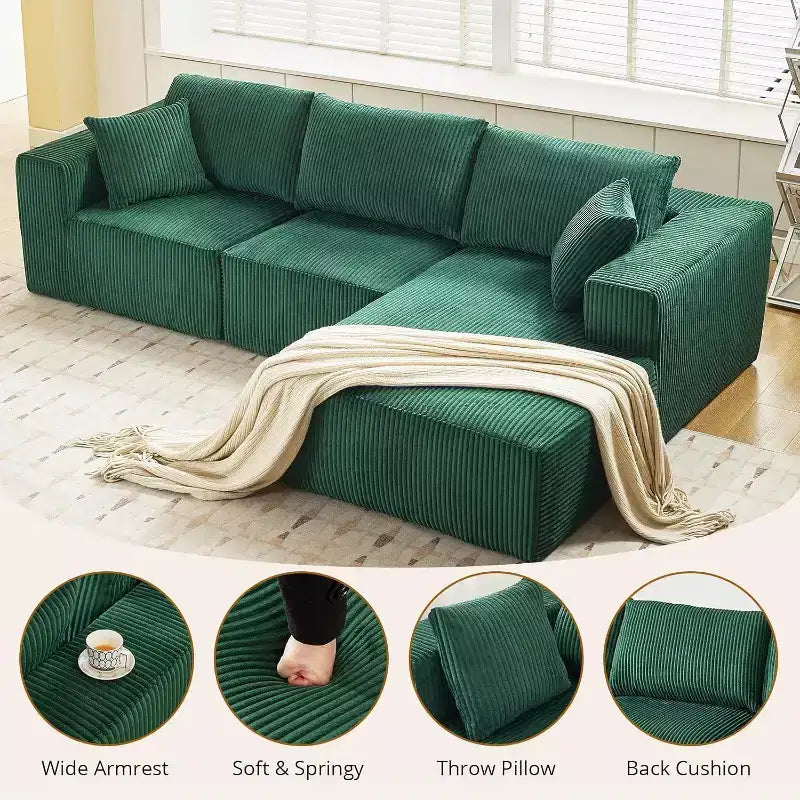 Acekool L Shape Sectional Couch, 108 Cloud Modular Sofa, Corduroy, Deep Seat, No Assembly, for Living Room, Emerald Green, Right-Facing