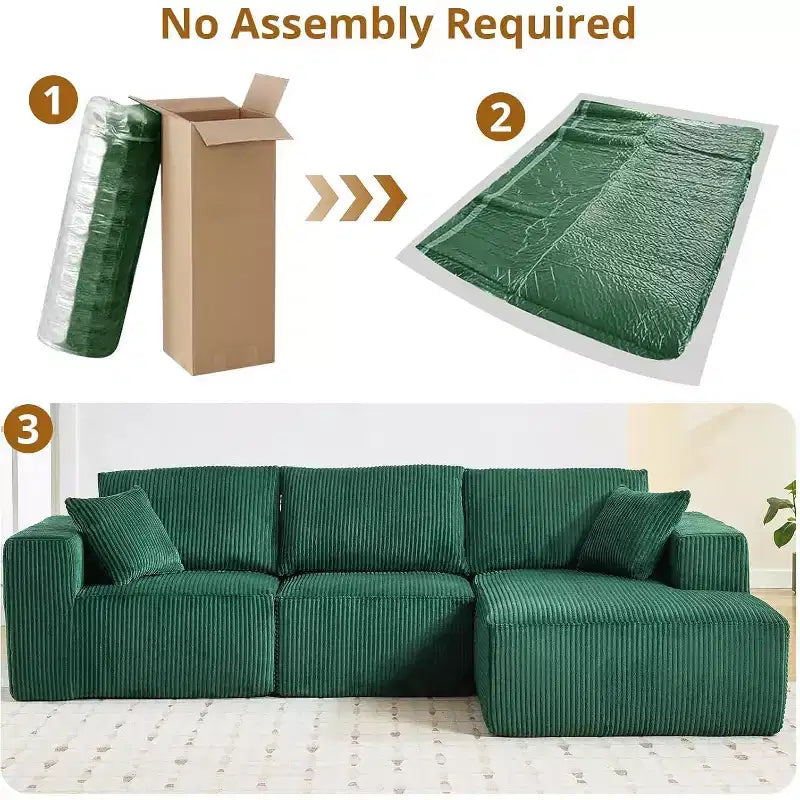 Acekool L Shape Sectional Couch, 108 Cloud Modular Sofa, Corduroy, Deep Seat, No Assembly, for Living Room, Emerald Green, Right-Facing
