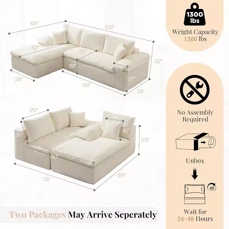 AMERLIFE 108 L-Shaped Boneless Sectional Sofa, Modern Oversized Cloud Couch for Living Room, No Assembly