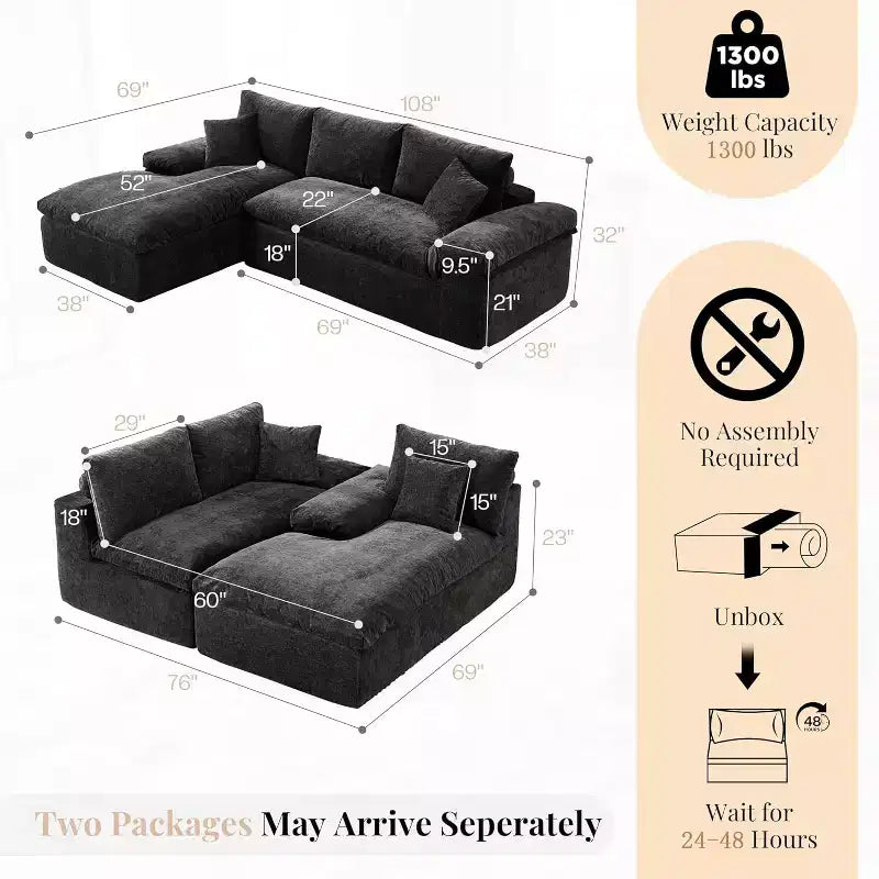 AMERLIFE 108 L-Shaped Boneless Sectional Sofa, Modern Oversized Cloud Couch for Living Room, No Assembly