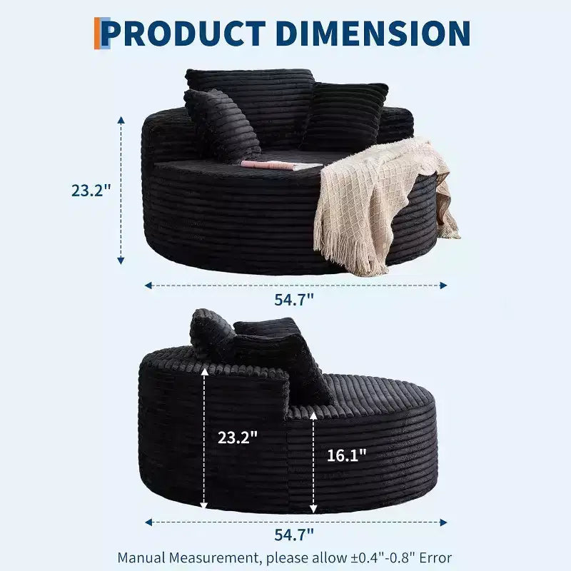 Round Chaise Lounge Chair, Indoor Oversized 55  55 Inch Modern Corduroy Boneless Cloud Couch Single Sofa with 4 Pillows Deep Seat for Home Office