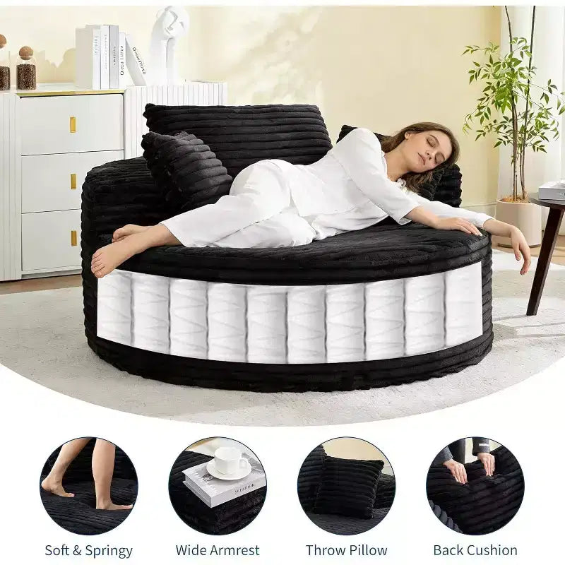 Round Chaise Lounge Chair, Indoor Oversized 55  55 Inch Modern Corduroy Boneless Cloud Couch Single Sofa with 4 Pillows Deep Seat for Home Office
